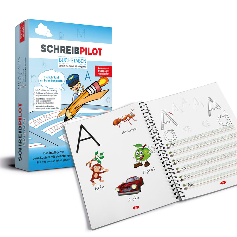 Schreibpilot Heft Buchstaben mit Bleistift/Radiergummi - DIN-A4 Lernheft mit Buchstaben, Schwungübungen und Anlaut-Illustrationen für Kinder.