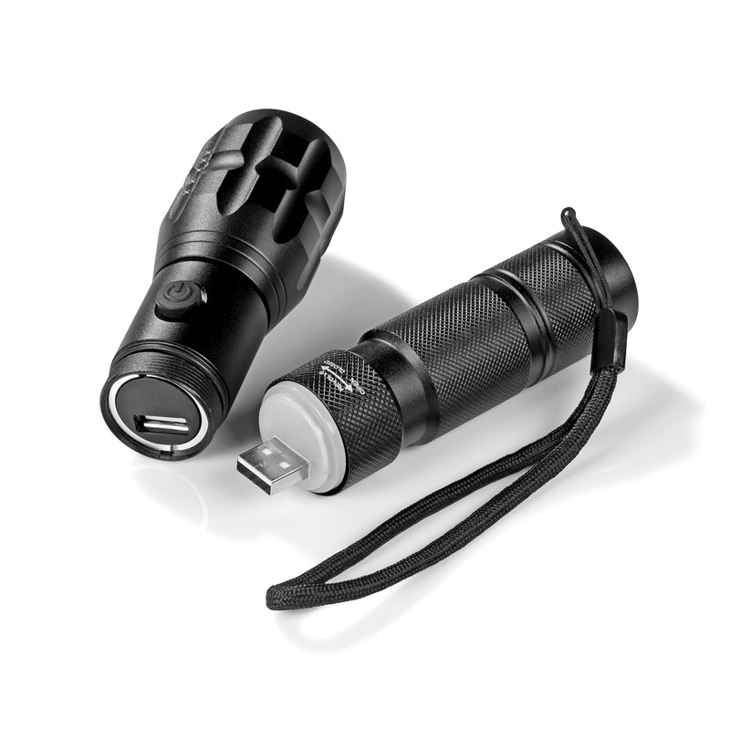 MAXXMEE Power-Taschenlampe 3,7V schwarz 1800mAh mit robustem Gehäuse, 5 Leuchtmodi und USB-Ladefunktion für Outdoor-Einsatz.