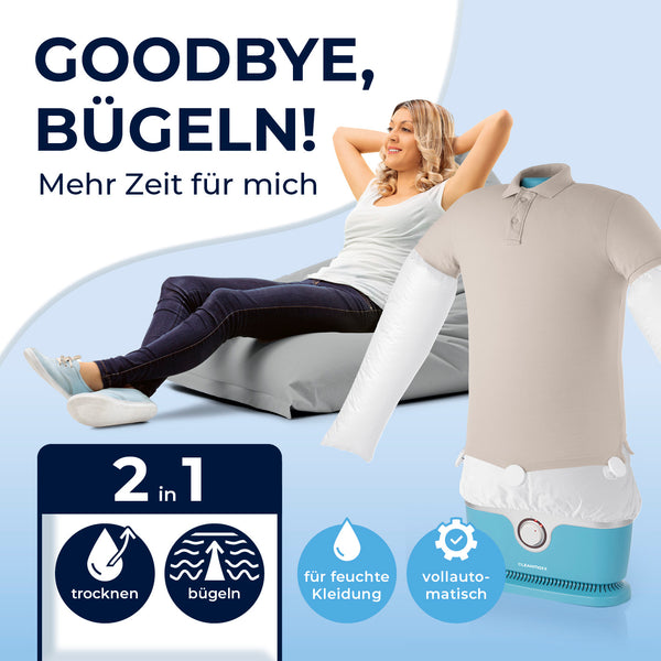 CLEANmaxx Hemdenbügler PRO für Oberbekleidung – automatisches Trocknen und Bügeln von feuchter Kleidung in Blau.