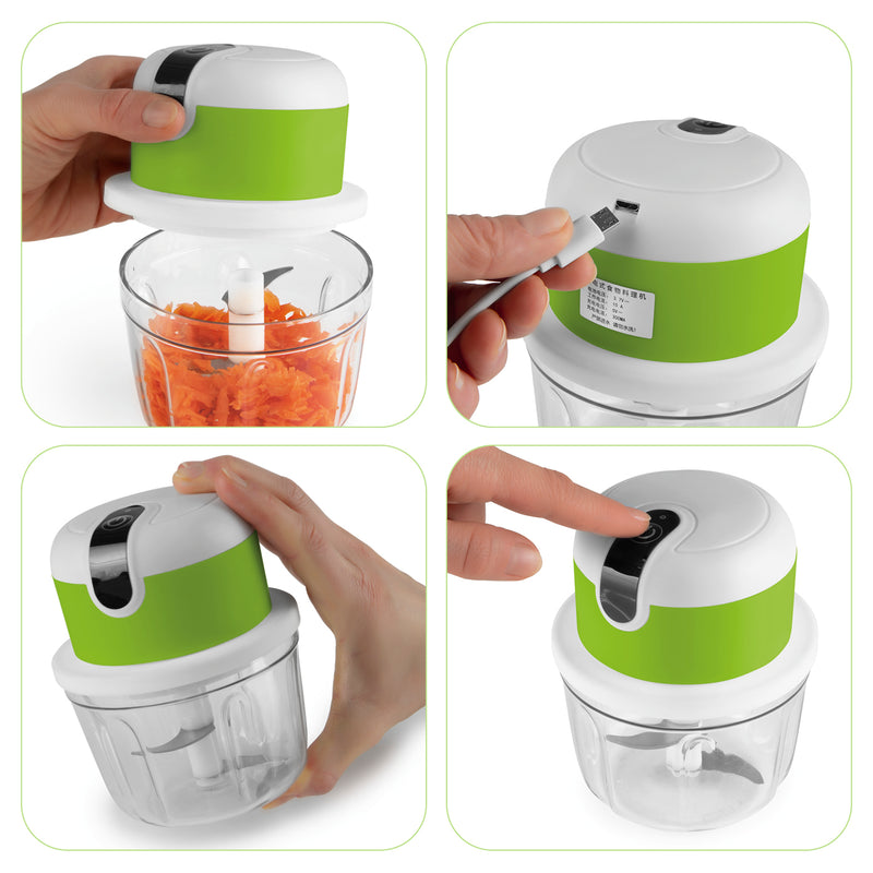 MAXXMEE Multi-Zerkleinerer mit USB-Kabel in weiß/limegreen, kompakt, mit Edelstahlklingen und 350 ml Mixbehälter.