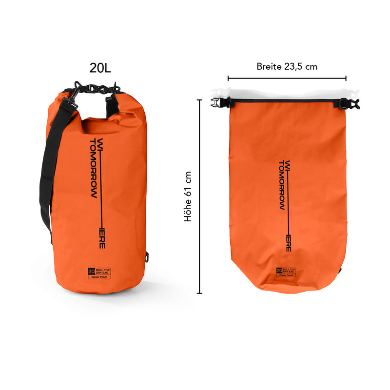 Where Tomorrow Dry Bag 20L - Style 02 - Orange, wasserdichter und robuster Outdoor-Rucksack mit Rolltop-Verschluss und verstellbarem Schultergurt.