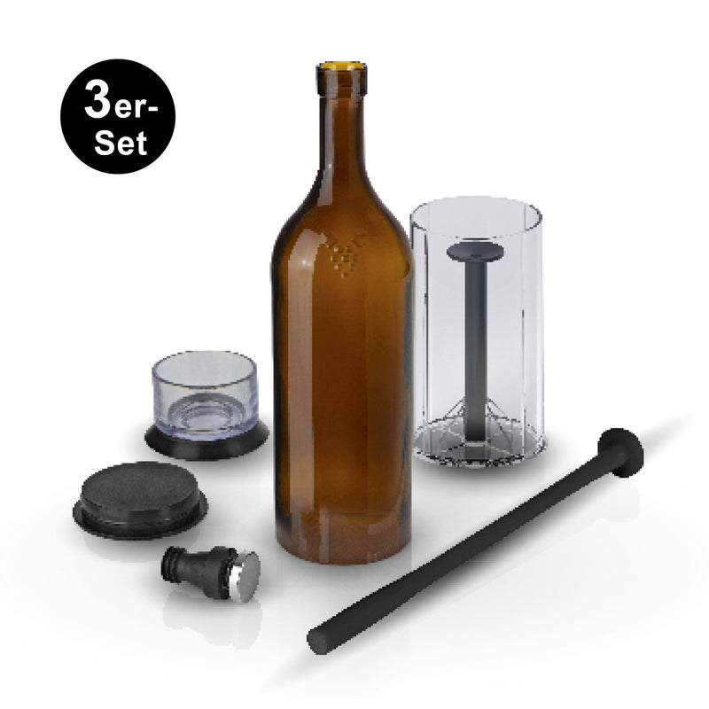 Winemaster Aromaschutz-Flasche - 750 ml - braun - 3er-Set mit Glasflasche, verschiebbarem Boden und Edelstahlverschluss zur Weinlagerung.
