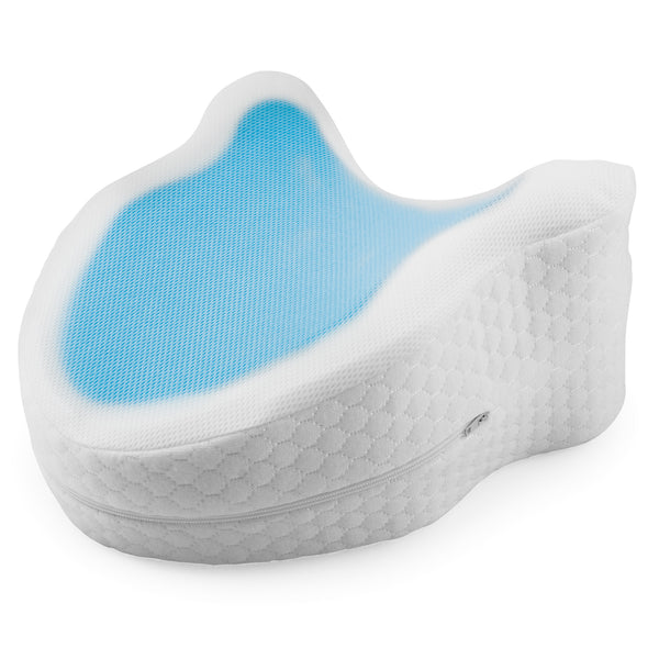 MAXXMEE Seitenschläfer-Kissen aus weißem Memory-Schaum mit kühlender Gelschicht und ergonomischem Design für bequemes Liegen.