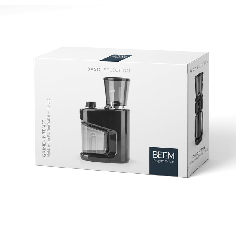 GRIND-INTENSE Elektrische Kaffeemühle - 160 g, kompakte 150 Watt Mühle mit 15-stufigem Mahlgrad und Edelstahl-Kegelmahlwerk von BEEM.