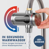 MAXXMEE Elektrischer Durchlauferhitzer mit LED-Anzeige für sofort warmes Wasser aus fast jedem Hahn, einfach zu bedienen und schnell.
