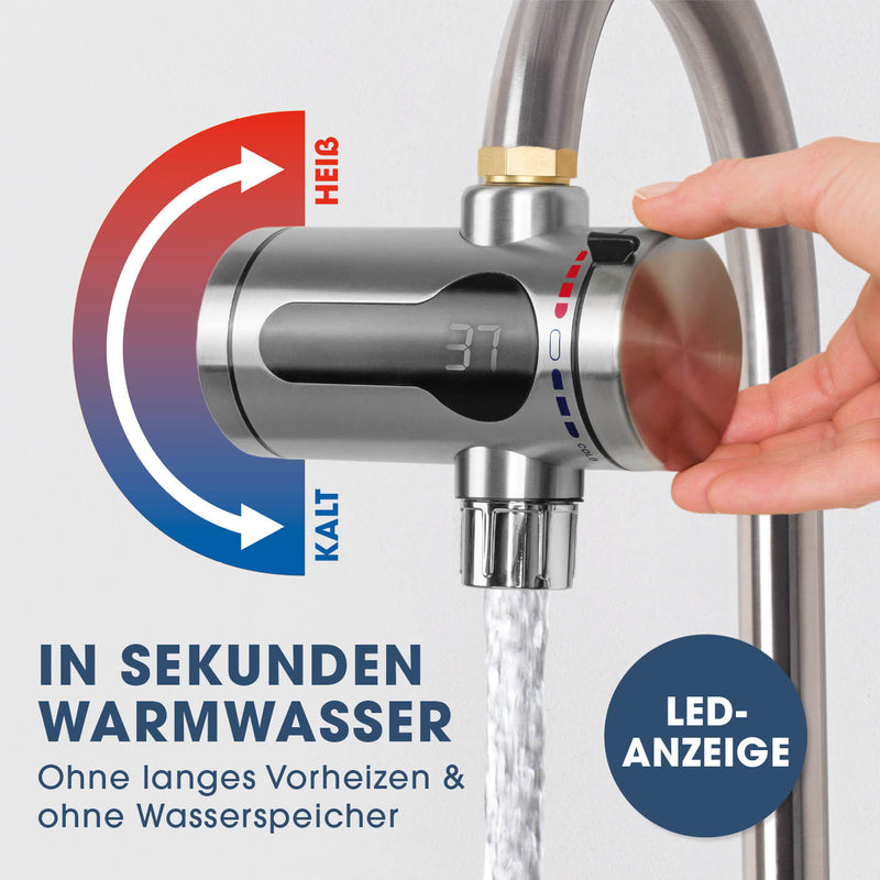 MAXXMEE Elektrischer Durchlauferhitzer mit LED-Anzeige für sofort warmes Wasser aus fast jedem Hahn, einfach zu bedienen und schnell.