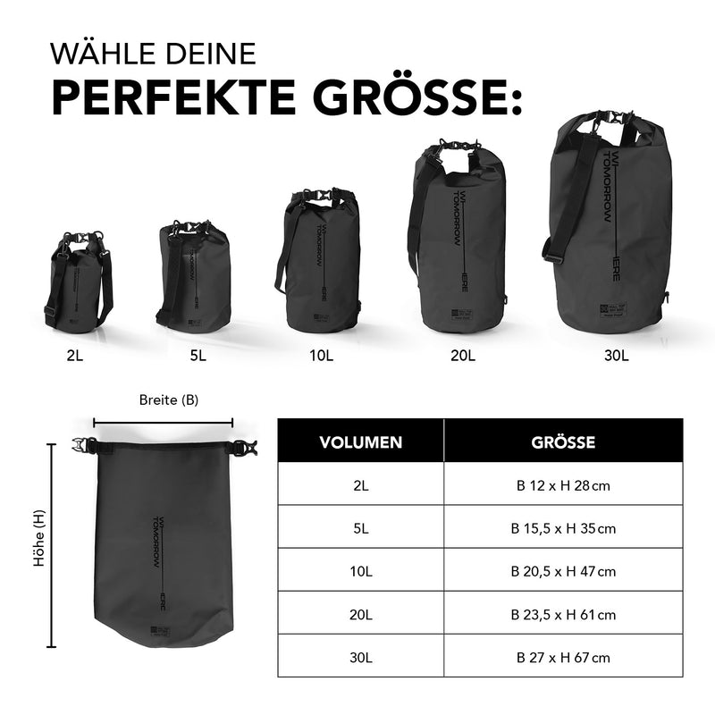 Where Tomorrow Dry Bag 20L - Schwarz, wasserfester Outdoor-Rucksack mit robustem Rolltop und verstellbarem Schultergurt.