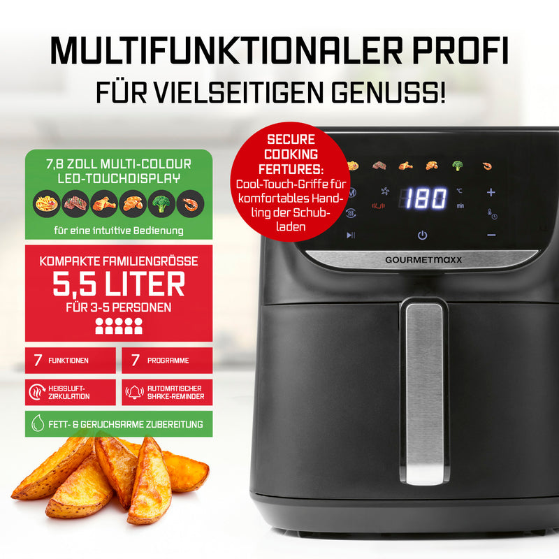 GOURMETmaxx AirGenius Heißluftfritteuse, 5,5 l - Farb-Touchdisplay & 7 Programme