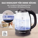 GOURMETmaxx Glas-Wasserkocher 1,7 l Schwarz mit LED-Beleuchtung, Wasserstandsanzeige, kabelloser 360° drehbarer Basisstation.