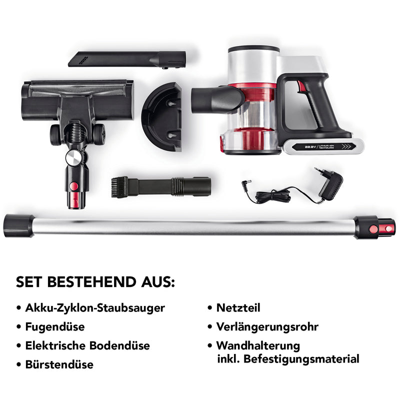 CLEANmaxx Akku-Zyklon-Staubsauger Digital-Display mit Zubehör, Verlängerungsrohr, Wandhalterung und elektrische Bodendüse anthrazit/silber/rot.