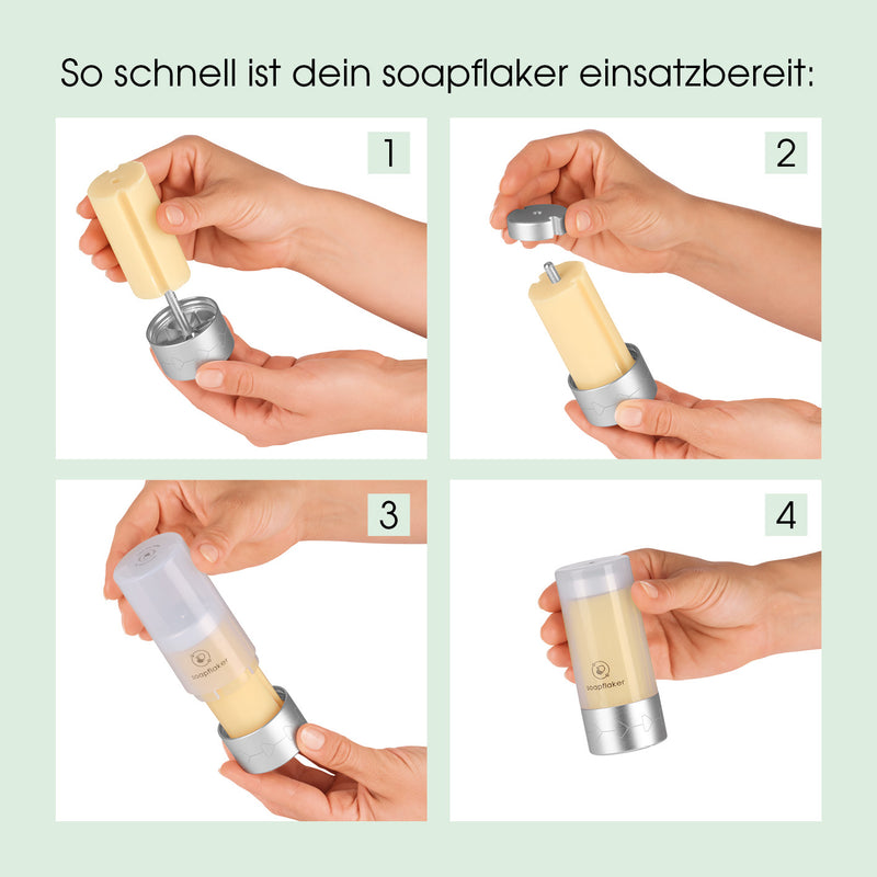 soapflaker Seifenspender für feste Handseife in Silber mit Aloe-Vera Seifenstück, einfaches Nachfüllen in 4 Schritten gezeigt.