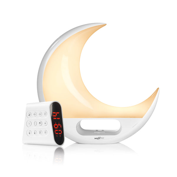 MAXXMEE Vitalwecker Easy Sleep & Wakeup mit Mond-Design, Fernbedienung, Lichtsimulation und digitaler Anzeige.