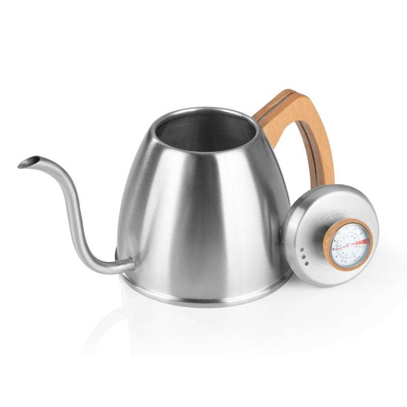 POUR OVER Wasserkessel mit Thermometer aus Edelstahl und Buchenholz, schmaler Schwanenhals für präzises Aufgießen, 0,9 l Fassungsvermögen.