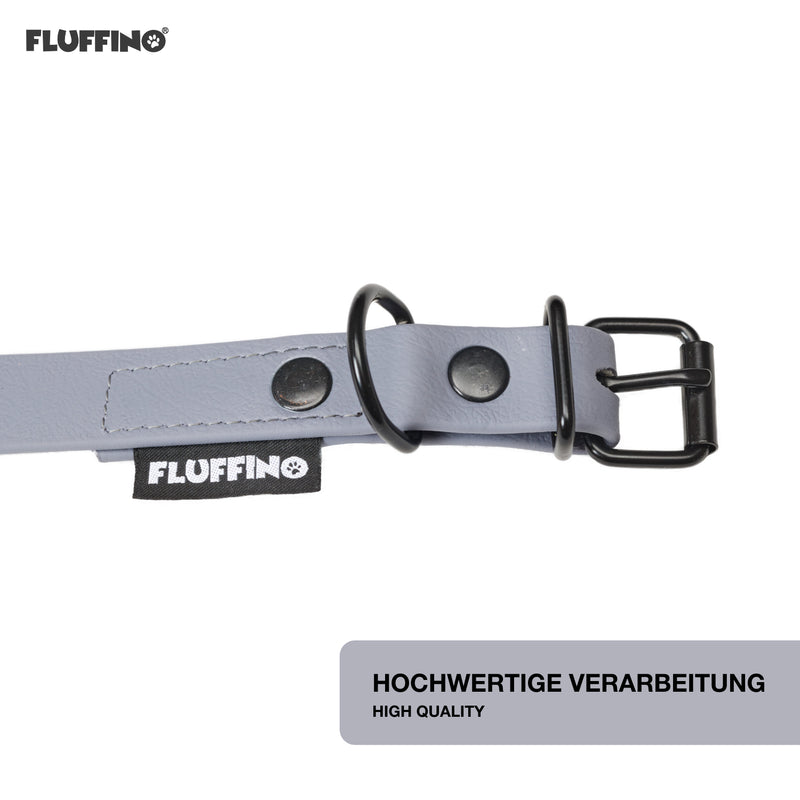 FLUFFINO® Hundehalsband aus BioThane Größe L Grau, vegan, wasserfest, 5-fach verstellbar, reißfest, Made in Germany.