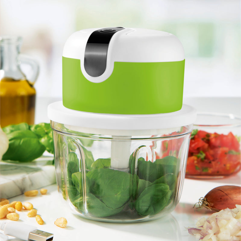 MAXXMEE Multi-Zerkleinerer mit USB-Kabel weiß/limegreen, kompakter Akku-Zerkleinerer mit 350 ml Mixbehälter und Edelstahlklingen.