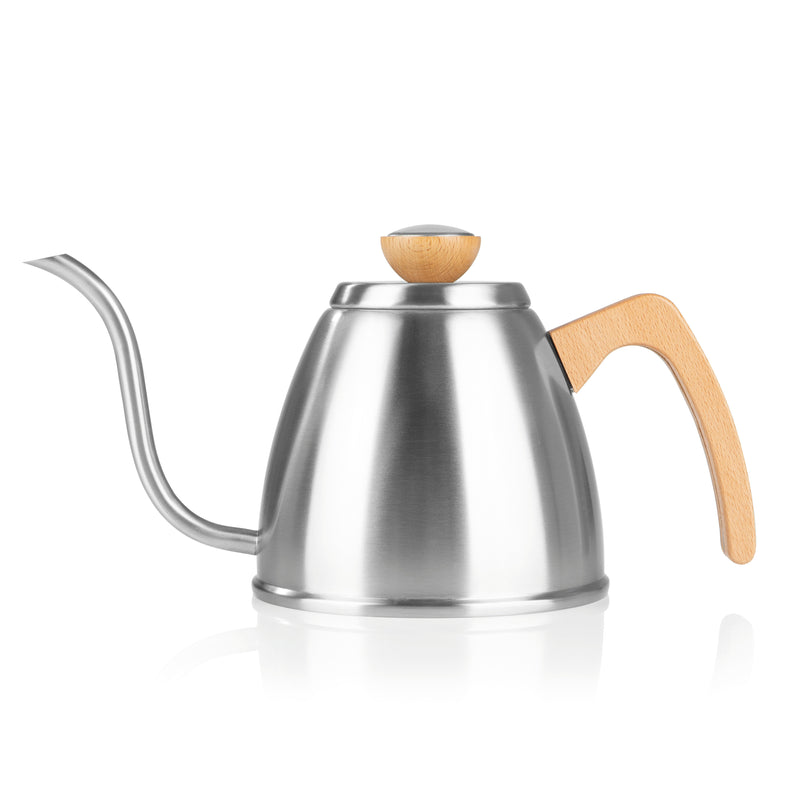 POUR OVER Wasserkessel mit Thermometer, Edelstahl und Buchenholzgriff, schmaler Schwanenhals, 0,9 l, für alle Herdarten.