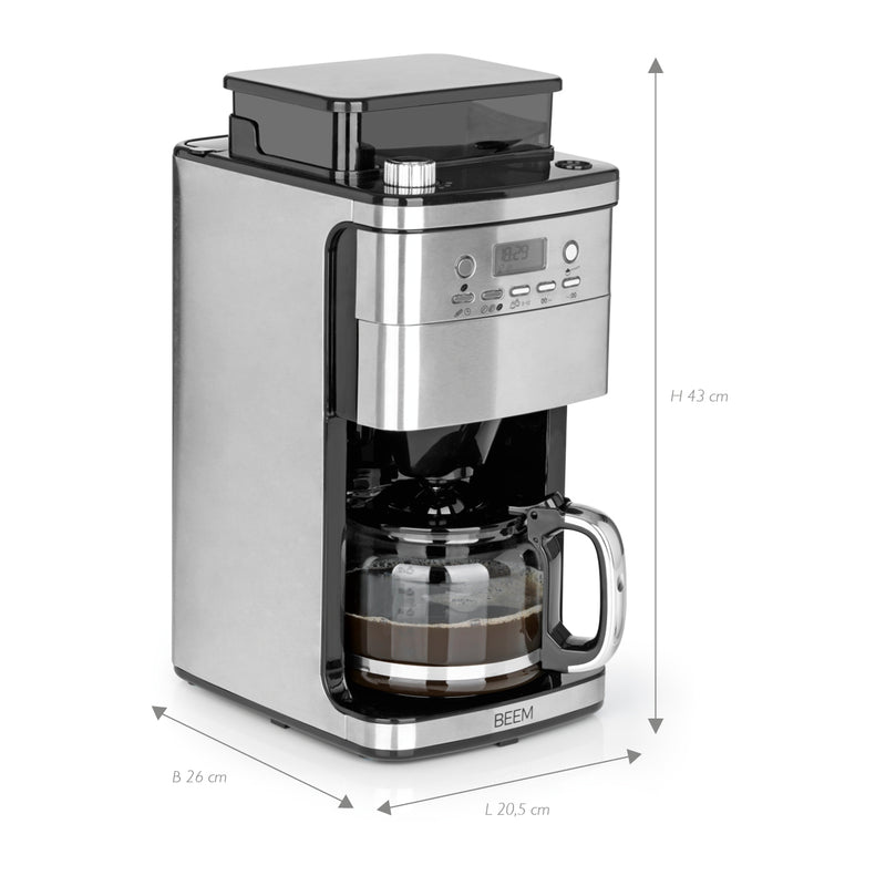 BEEM FRESH-AROMA-PERFECT SUPERIOR Filterkaffeemaschine mit Mahlwerk, 1,5 l Glaskanne, 28-stufige Mahlgradeinstellung, Digitalanzeige.