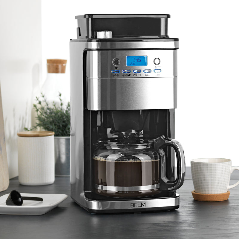 BEEM FRESH-AROMA-PERFECT SUPERIOR Filterkaffeemaschine mit Mahlwerk, Glas, 1,5 l Glaskanne, digitalem Display und Timerfunktion.