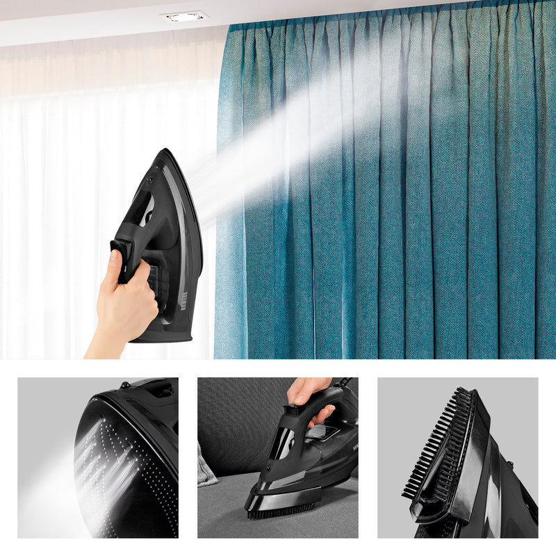 N8WERK Dampfbügeleisen Midnight Black Edition mit 4 Programmen, 250 ml Wassertank und Dampfgenerator für vielseitiges Bügeln und Auffrischen.