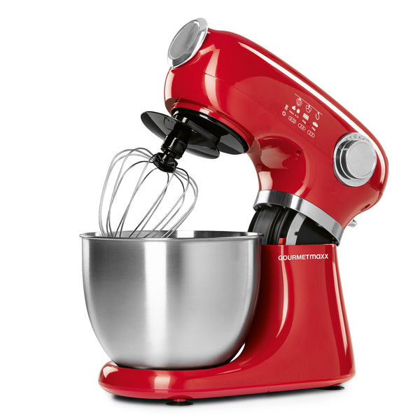 GOURMETmaxx Küchenmaschine inkl. Schneebesen, Rühreinsatz & Knethaken in Rot mit 5L Edelstahlschüssel und 1000W Motor.