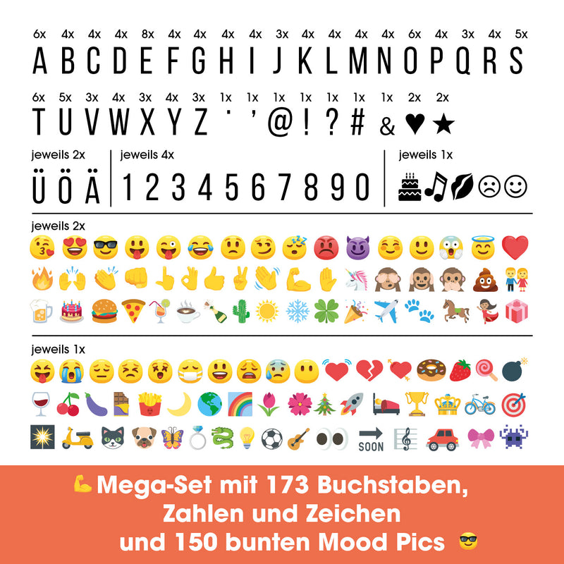 EASYmaxx LED-Leuchtkasten A3 mit 173 Buchstaben, Zahlen und 150 bunten Mood Pics für individuelle Textbotschaften.