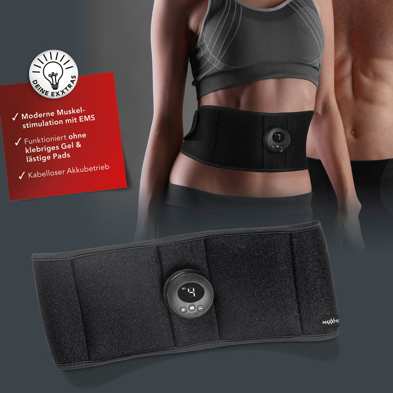 MAXXMEE Bauchmuskelgürtel EMS mit 6 Programmen und 9 Intensitätsstufen, schwarz, flexibel und kabellos für effektives Training.