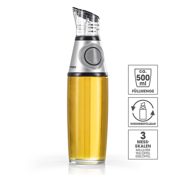 GOURMETmaxx Ölspender inkl. Dosierhilfe & Skala silber zum genauen Abmessen von Öl, Essig und Sojasauce, 500 ml, 3 Messskalen.