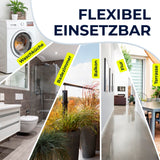 Eine Collage zeigt den EASYmaxx Teleskop-Wäscheständer 800 (auszieh- & klappbar, 8 m Trockenlänge) flexibel im Waschraum, Bad, Balkon, Flur und auf der Terrasse. Text: „FLEXIBEL EINSETZBAR“ mit passenden Bereichslabels auf Deutsch.