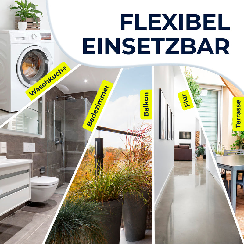 Eine Collage zeigt den EASYmaxx Teleskop-Wäscheständer 800 (auszieh- & klappbar, 8 m Trockenlänge) flexibel im Waschraum, Bad, Balkon, Flur und auf der Terrasse. Text: „FLEXIBEL EINSETZBAR“ mit passenden Bereichslabels auf Deutsch.