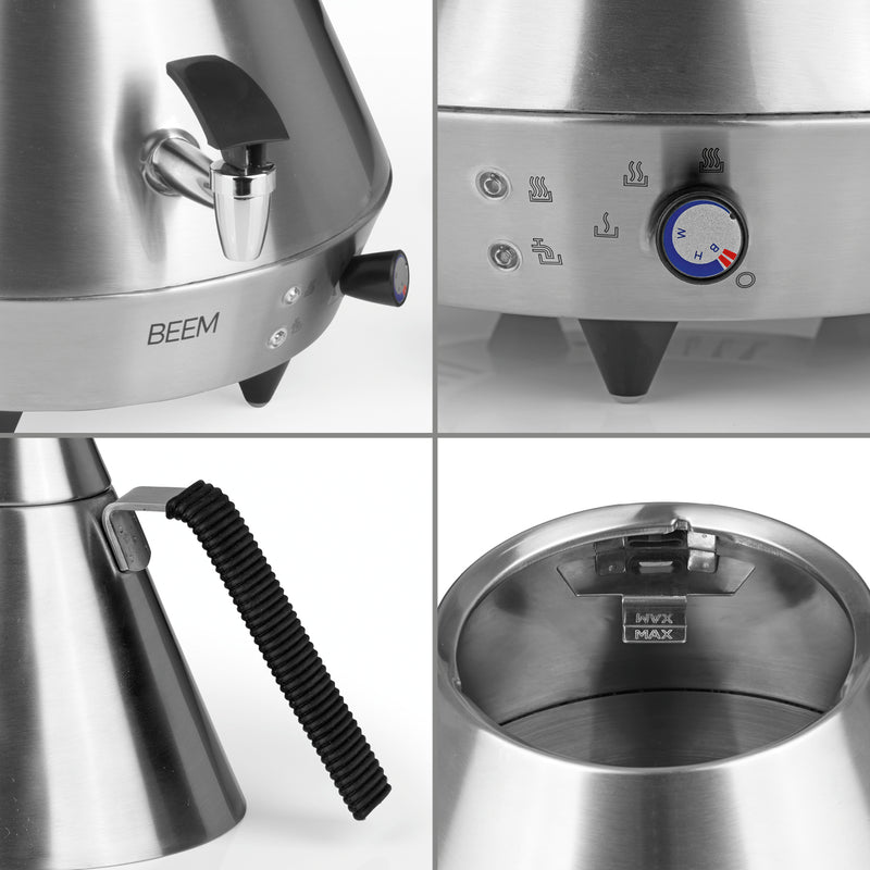 PYRAMID Samowar - 4 l aus Edelstahl mit Ausguss, Temperaturregler, isoliertem Griff und 4 l Wasserbehälter für Gastro und Zuhause.