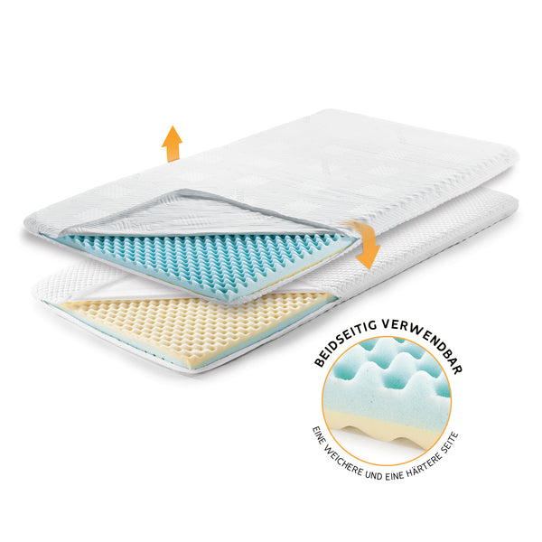 nah-vital Wende-Topper 90 x 200 cm mit weicher und mittelfester Schaumstoff-Seite, abnehmbarem Bezug, waschbar bei 40 °C.