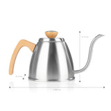 POUR OVER Wasserkessel mit Thermometer, Edelstahl mit Buchenholzgriff, schmaler Schwanenhals, 0,9 l, für alle Herdarten geeignet.