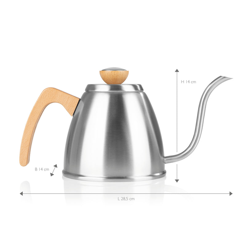 POUR OVER Wasserkessel mit Thermometer, Edelstahl mit Buchenholzgriff, schmaler Schwanenhals, 0,9 l, für alle Herdarten geeignet.