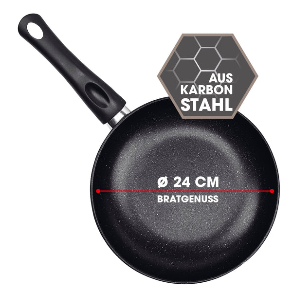 BRATmaxx Karbonstahl-Bratpfanne Ø 24 cm mit 2-fach Antihaftbeschichtung, geeignet für alle Herdarten, langlebig und hitzeverteilt.