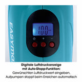EASYmaxx Akku-Handkompressor mit LED-Beleuchtung, digitale Luftdruckanzeige und Auto-Stopp-Funktion in blau/schwarz.