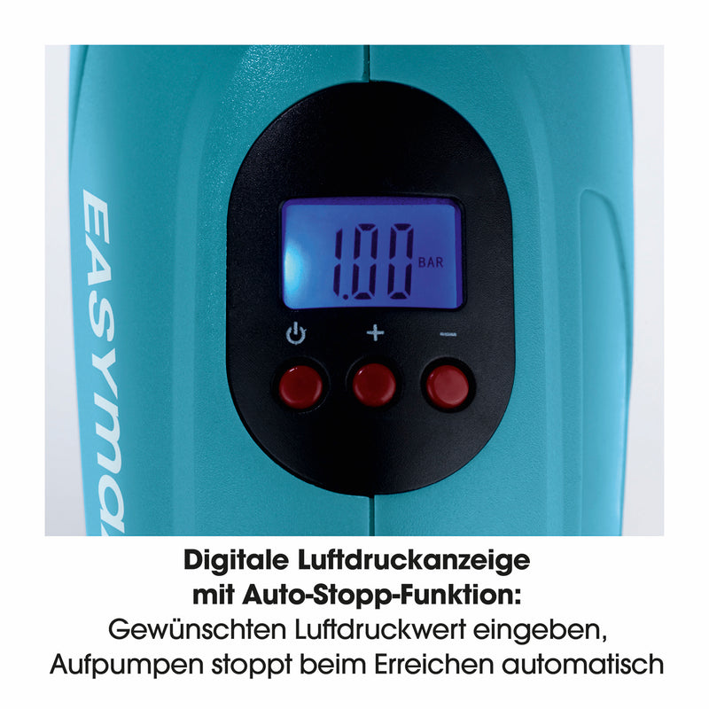 EASYmaxx Akku-Handkompressor mit LED-Beleuchtung, digitale Luftdruckanzeige und Auto-Stopp-Funktion in blau/schwarz.
