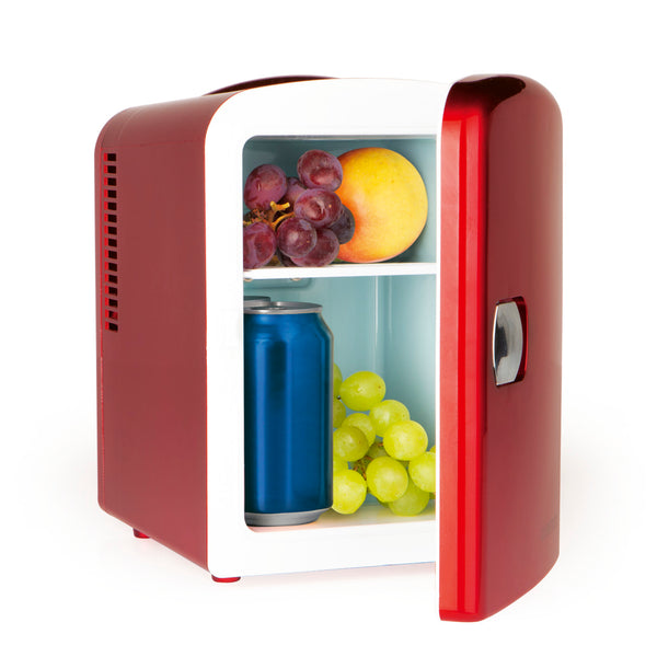 GOURMETmaxx Mini-Kühlschrank Retro 45W Rot mit 4 Litern, kühlt und wärmt, ideal für Getränke und Snacks unterwegs.