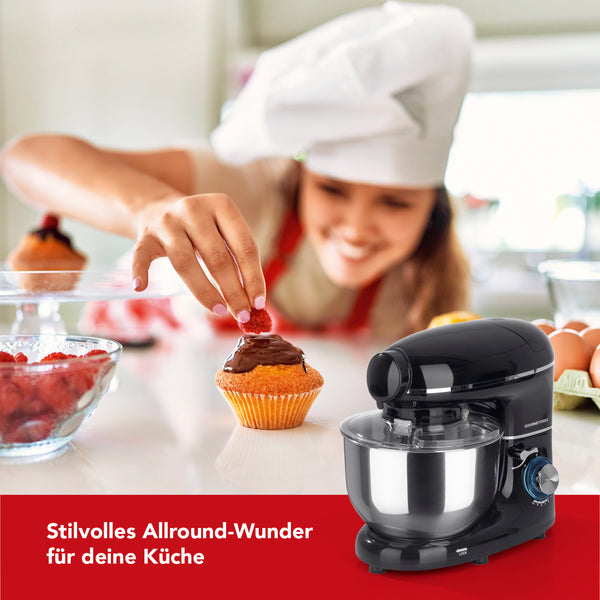 GOURMETmaxx Küchenmaschine 3in1 Metall Schwarz mit 1300 W Motor, planetarischem Rührsystem und 5,5 l Edelstahlschüssel.