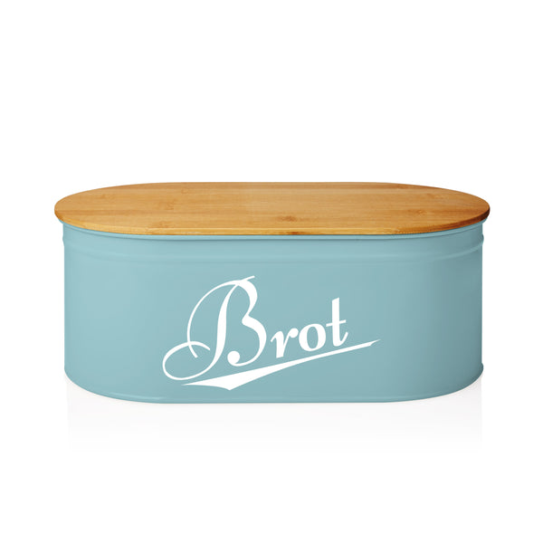 LUMALAND Cuisine Brotkasten aus Metall mit Bambus Deckel in Mint, oval, platzsparend und mit Schneidebrettfunktion.