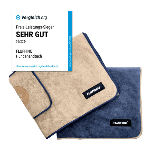 FLUFFINO® Hundehandtuch Mikrofaser – 2er-Pack, extra saugfähig, schnell trocknend, 120x70 cm, beige & blau, handlich und pflegeleicht.