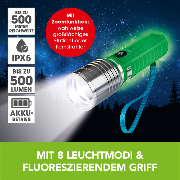 EASYmaxx Taschenlampe LED 5 V transparent/chrom mit Zoomfunktion, IPX5, bis zu 500 Meter Reichweite und fluoreszierendem Griff.