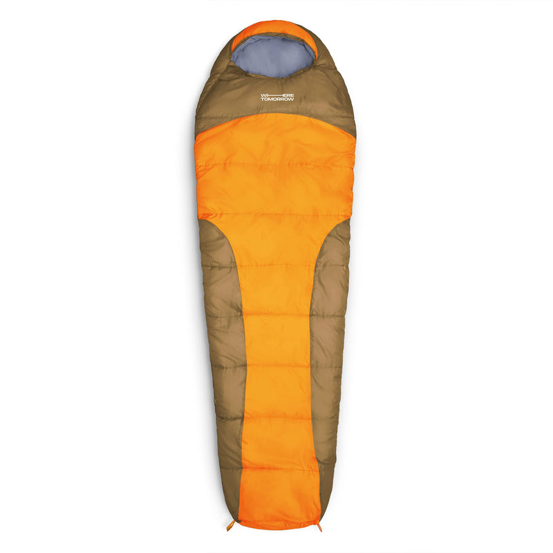 Where Tomorrow Camping Schlafsack Classic in Orange, Mumienschlafsack mit Tasche, 230x80x55 cm, wasserabweisend und warm.