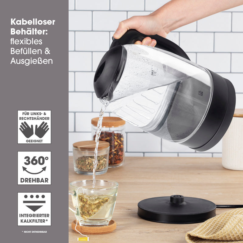 GOURMETmaxx Glas-Wasserkocher 1,7 l - Schwarz mit kabellosem, 360° drehbarem Wasserbehälter und integriertem Kalkfilter.