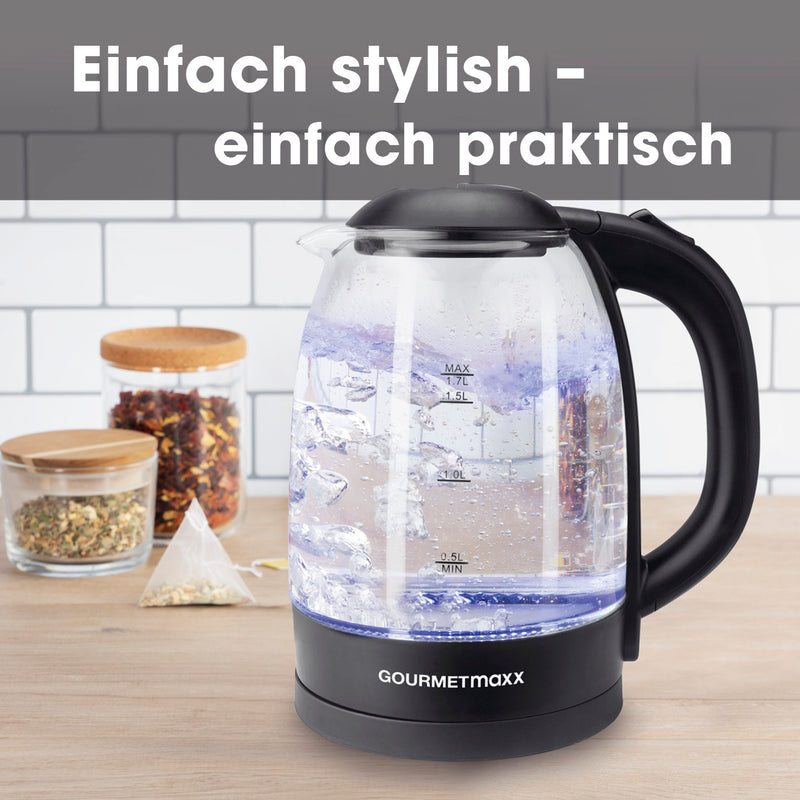 GOURMETmaxx Glas-Wasserkocher 1,7 l Schwarz mit LED-Beleuchtung, Wasserstandsanzeige, Abschaltautomatik und kabelloser Basisstation.