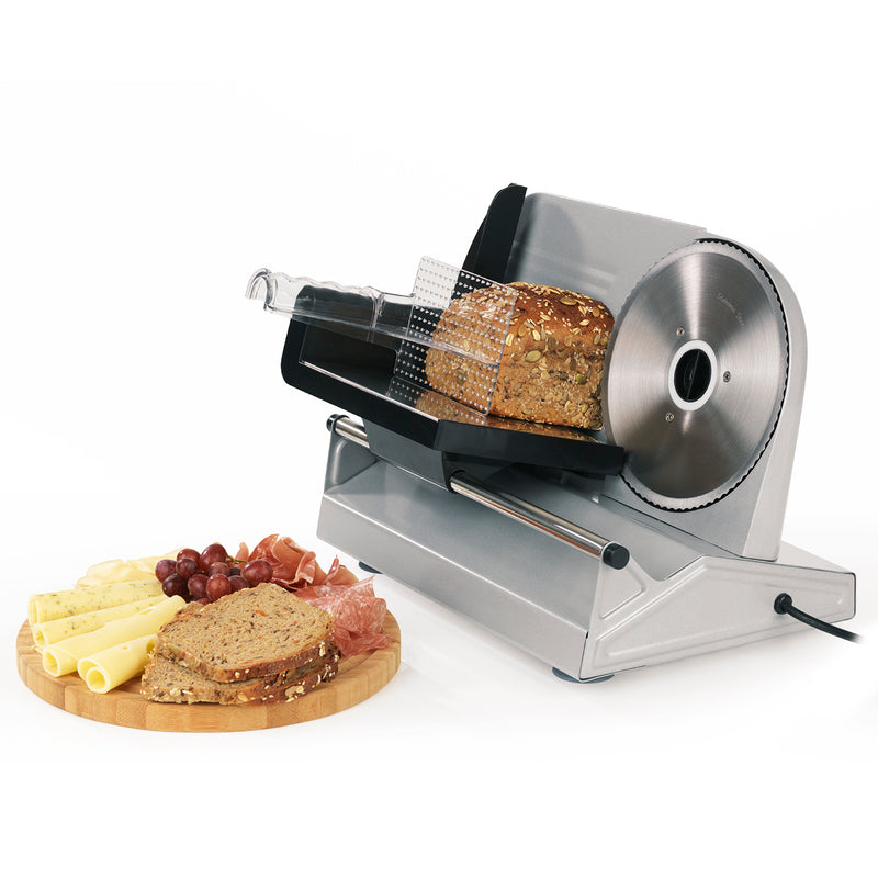 GOURMETmaxx Allesschneider - Silber mit stufenlos einstellbarer Schnittstärke und Fingerschutz für bequemes Schneiden von Brot und Aufschnitt.