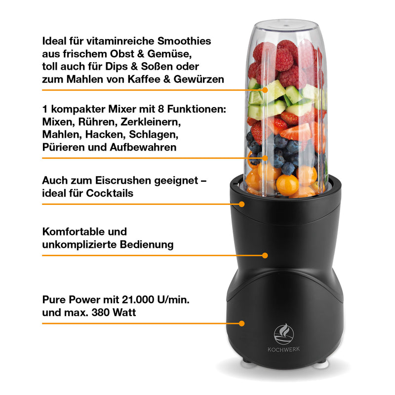 KOCHWERK Multifunktions-Mixer - Schwarz, kompakter Mixer mit 8 Funktionen für Smoothies, Dips, Mahlen und Eiscrushen.