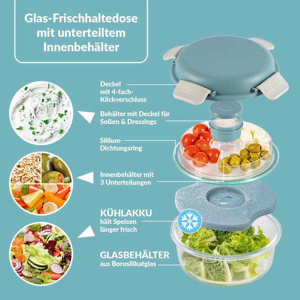 GOURMETmaxx Glas-Lunchbox Klick-it mit integriertem Kühlakku - 950 ml - grau/grün