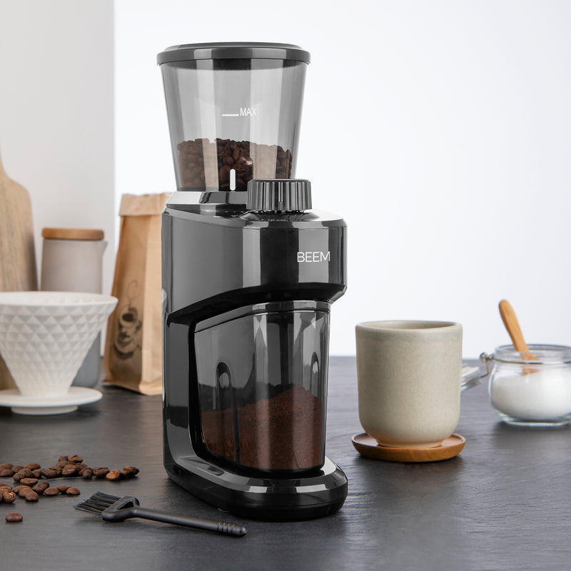 GRIND-INTENSE Elektrische Kaffeemühle - 160 g, kompakte 150W Mühle mit 15 Mahlstufen und Edelstahl-Kegelmahlwerk für frisches Kaffeepulver.