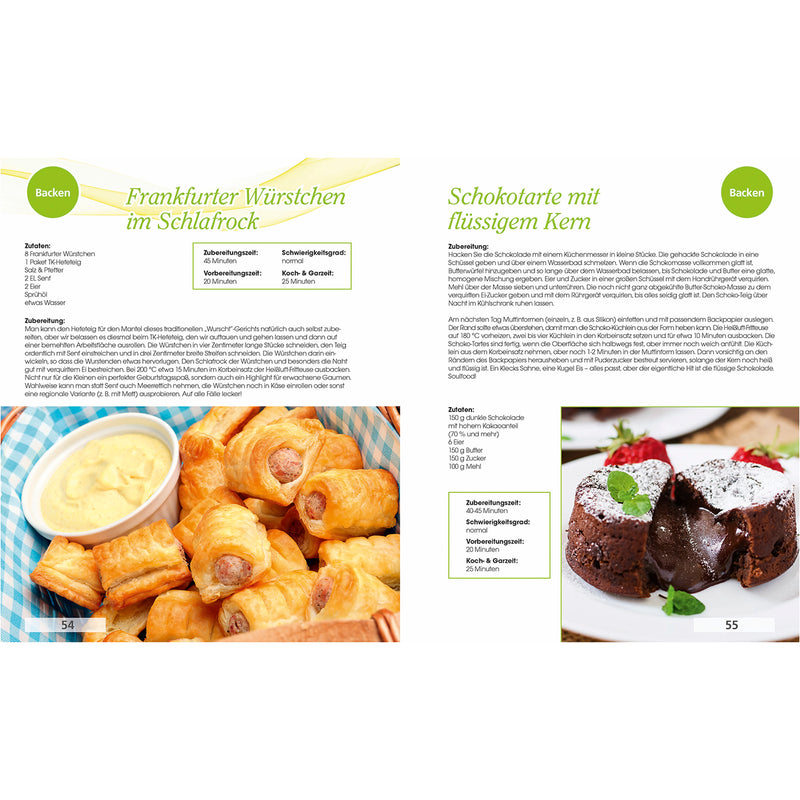 GOURMETmaxx Buch Heißluft-Fritteuse mit 70 Rezepten für fettarmes Backen von Snacks und Desserts wie Frankfurter Würstchen und Schokotarte.