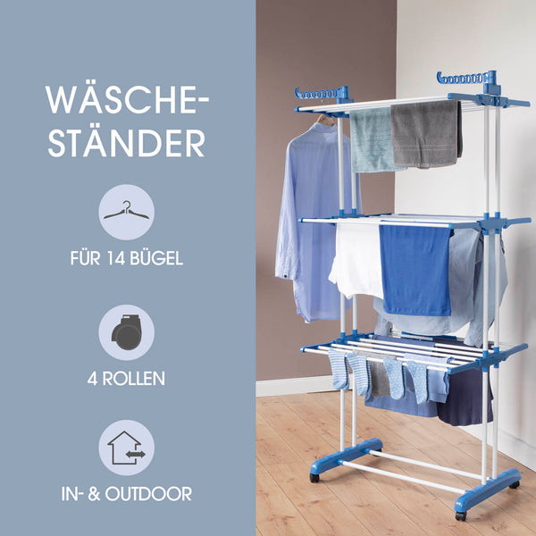 CLEAN Edition Klappbarer Wäscheständer mit 3 Etagen, 24 Aluminiumstangen, 4 Rollen, weiß/blau, für 14 Kleiderbügel, indoor & outdoor.